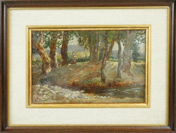 Scorcio di bosco, olio su tavoletta, firmato R. Panerai, cm 18x27,5, entro cornice