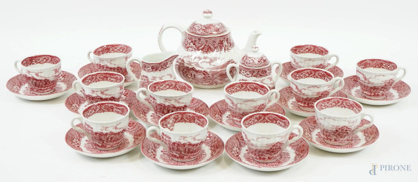 Servizio da thé in porcellana bianca e rossa, Old Castle by Barratts, Staffordshire, Inghilterra, decori raffiguranti paesaggi,(pz.26)