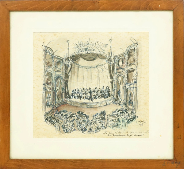 Tomaso Buzzi - La Sala sistemata per un concerto dell'Accademia degli Sdraiati, bozzetto realizzato a tecnica mista su carta, cm 20x21,5, datato 1956, entro cornice, (macchie)