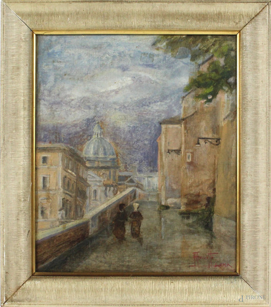 Scorcio di Roma, olio su cartone telato, cm. 31x25,5, firmato, entro cornice.