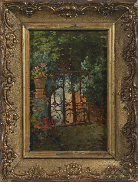 Scorcio di cortile, XX secolo, olio su tavoletta, cm 25x16, firmato in basso a sinistra, entro cornice, (lievi segni di usura)