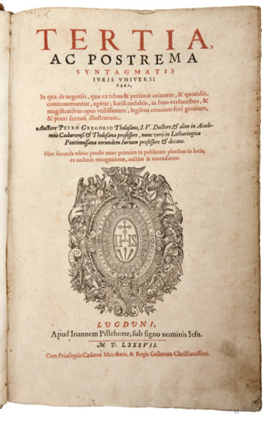 Petro Gregorio Tholofano, Tertia ac Postrema syntagmatis iuris universi, 1587 (strappi, piegature, gore, umidità)