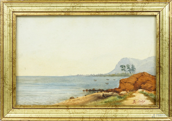 Scorcio di costa, acquerello su carta, cm 26,5x40, firmato in basso a destra, entro cornice