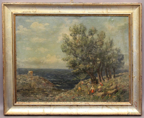 Paesaggio costiero con figure, olio su tavola, cm 50 x 60, entro cornice.