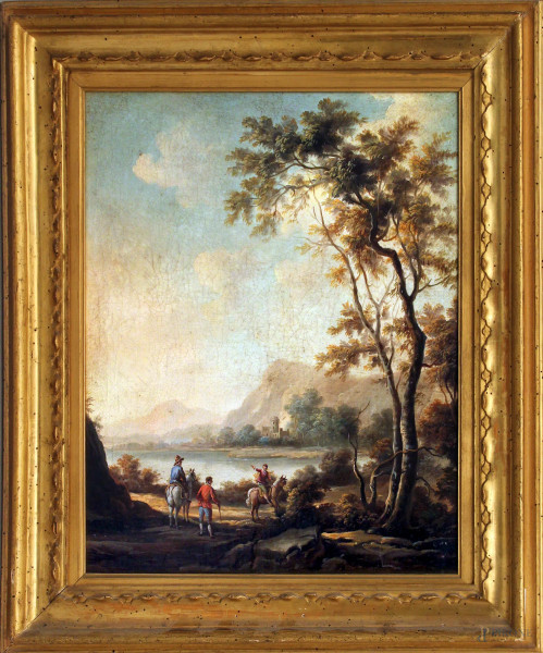 Paesaggio lacustre con figure, olio su tela, cm 50x40, XIX sec., entro cornice.