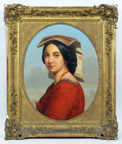 Enrico Coleman - Ritratto di donna in costume laziale, olio su tela, cm. 61x47, entro cornice.