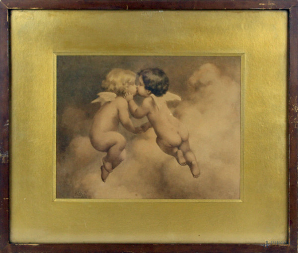 Putti che si baciano, stampa a colori, cm 23,5x29,5, firmata Bessie Pease Gutmann (1876-1960), entro cornice
