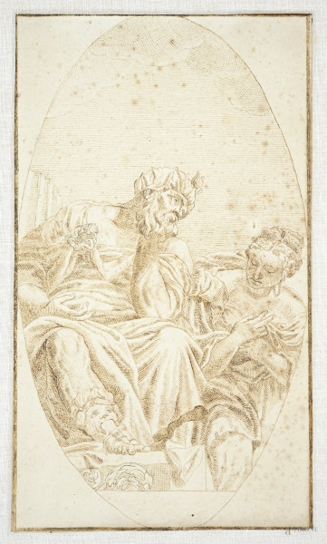 Anonimo del XVIII secolo, Gruppo allegorico di Zelotti, soffitto della Sala del Consiglio dei Dieci, da Valentin Lefebvre(1642-1680 ca.), china su carta, 28,2x16,3, (difetti)