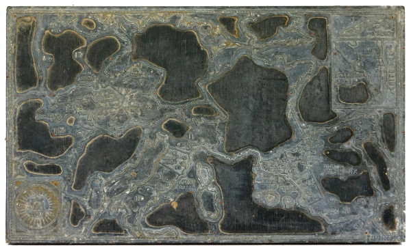 Cartina geografica, antica matrice per incisioni in zinco e legno, cm 28x43,5.