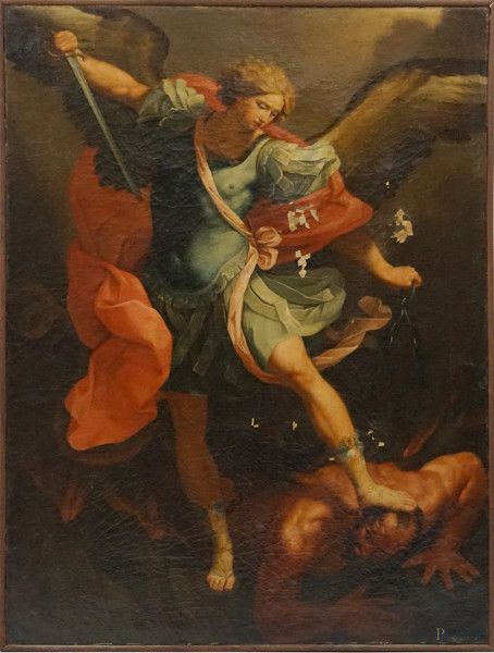 Guido Reni (15751642) copia da, San Michele Arcangelo, olio su tela, cm 103x76, entro cornice, (cadute di colore sparse)