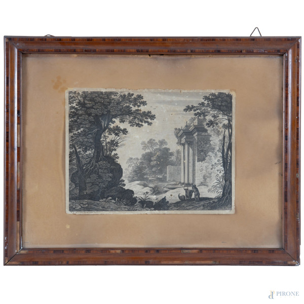 Architettura, XIX secolo, stampa su carta, cm 26x35, entro cornice, (umidità, gore, lacerazioni, difetti)