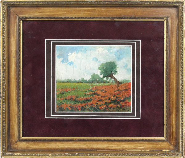 Onorato  Carlandi - Paesaggio, olio su tavola, cm. 15,5x18, entro cornice.