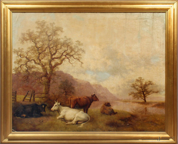 William  Gillard - Paesaggio con armenti, olio su tela, cm. 86x111, entro cornice.