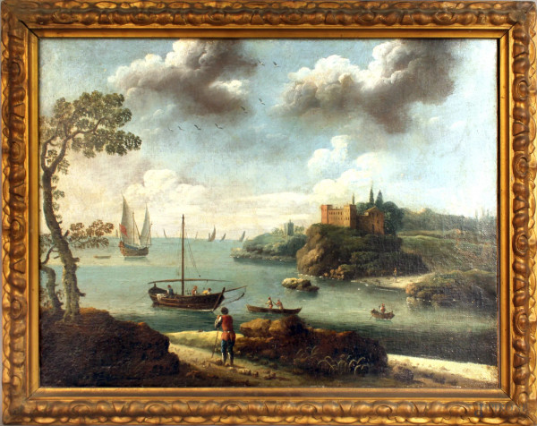 Scuola veneta del XVIII sec. Paesaggio costiero con imbarcazioni, olio su tela, cm. 49,5x65, entro cornice.