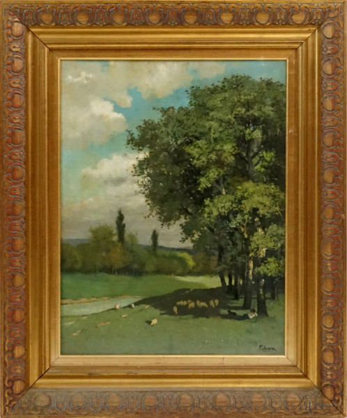 Paesaggio con gregge e pastorello, olio su tela, cm 59x44.5, firmato Fabron, entro cornice.