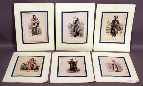 Lotto composto da sei stampe colorate, raffiguranti figure in costume, cm. 25x20, primi &#39;900.