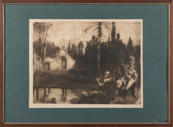 Interno di parco con statue, XX secolo, incisione su carta, cm 53x73 compreso passepartout, entro cornice, (segni di usura, foxing, ondulazioni della carta)