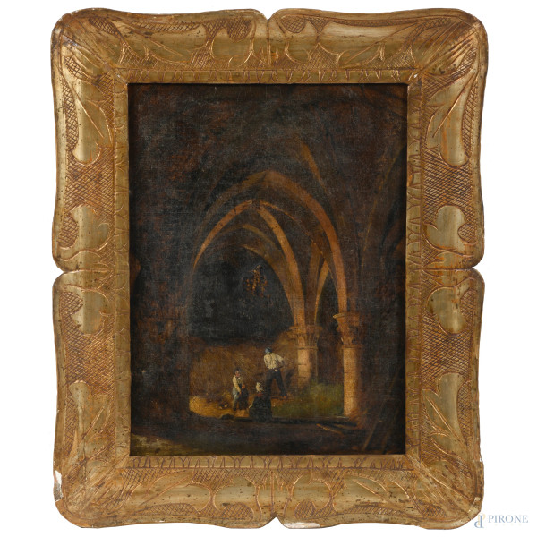 Coppia di interni di cattedrale, XIX secolo, olio su tela, cm 40x32,5, entro cornice, (difetti)