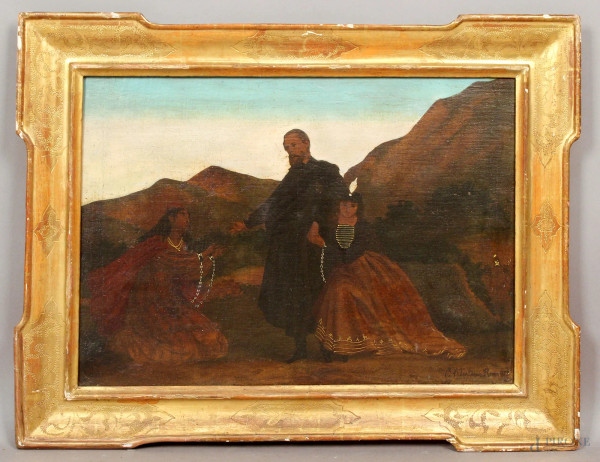 Paesaggio con figure, olio su tela, cm. 39,5x55,5, recante firma B. Celentano, datato 1858, entro cornice.