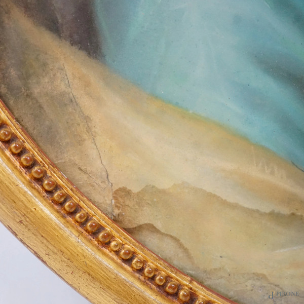 Ritratto di nobildonna, XIX secolo, pastello su carta ad assetto ovale, cm 75x60, entro cornice, ...