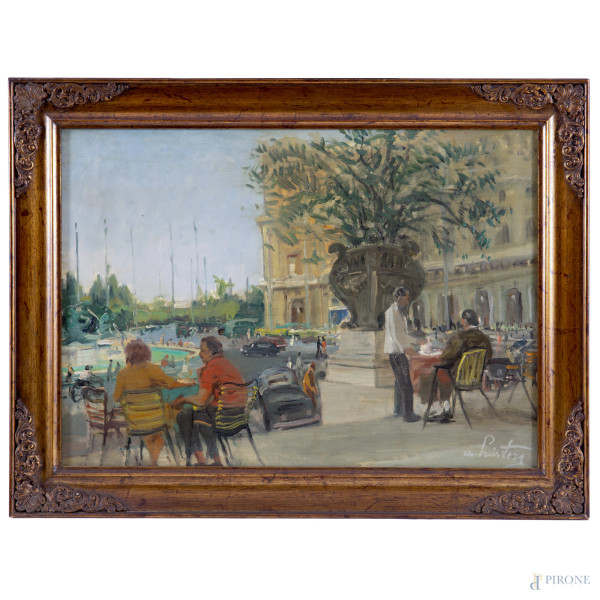 Piazza con figure, XX secolo, olio su tela, cm 48,5x68,5, firmato in basso a destra, entro cornice