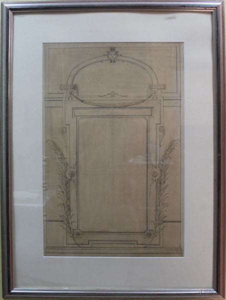 Studio di architettura, disegno a matita su carta 50x76 cm entro cornice