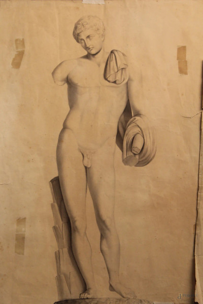 Studio di scultura neoclassica, disegno su carta, 51x40 cm.