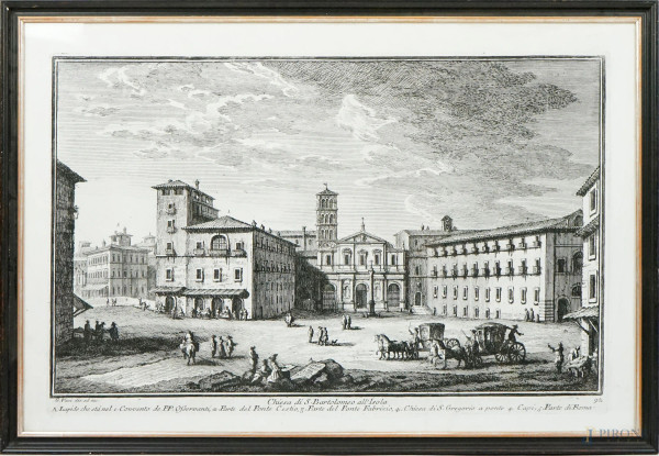 Chiesa di San Bartolomeo all'Isola, stampa, cm 60x98,5, G.Vasi disegnatore ed incisore (1710-1782), entro cornice.