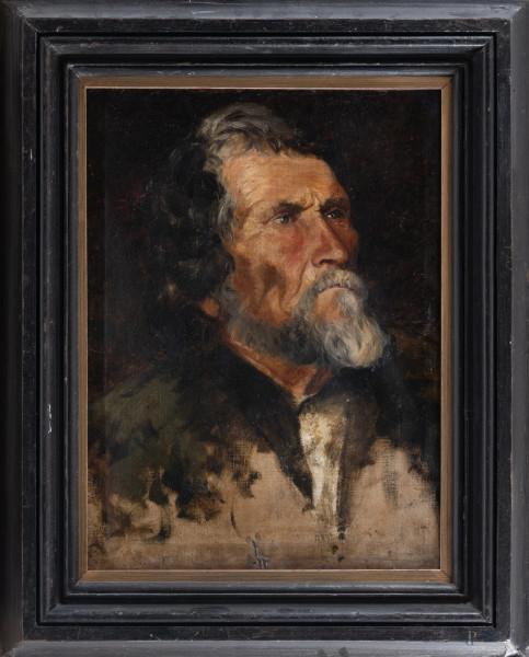 Ritratto virile, XIX secolo, olio su tela, cm 47x37, entro cornice, (ondulazioni del supporto, abrasioni, segni di battitura del telaio)