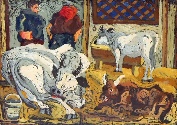 Serafini, Interno di stalla con mucche e figure, olio su tavola, cm 50x69, entro cornice.