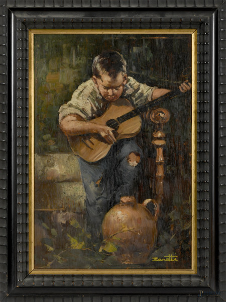 Bambino con chitarra, XX secolo, olio su tavola, cm 50x35, firmato in basso a destra, entro cornice