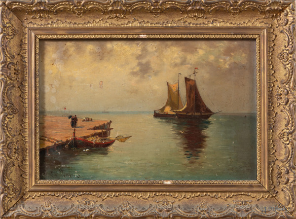 Molo con imbarcazione, XIX-XX secolo, olio su tela, cm 28x41, firmato in basso a sinistra, entro cornice, (segni di usura, cadute di colore, difetti)