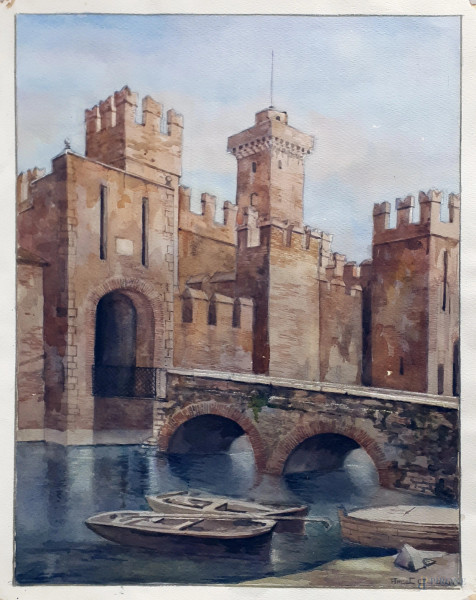 Acquarellista della fine dell’Ottocento, Scorcio di paese con castello in riva al fiume, acquarello su carta, cm 50x39, firmato in basso a destra