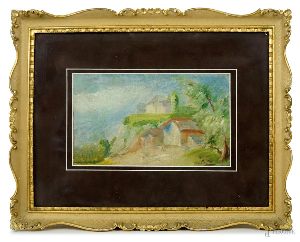 Paesaggio, olio su cartone telato, cm 16x26,5, firmato F.Simi, entro cornice