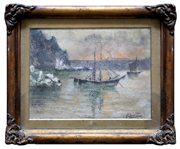 Marina con barche, Dipinto a tecnica mista su cartone, firmato, cm 26x20