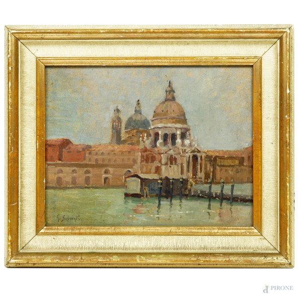 Veduta di Venezia, olio su cartone, firmato, cm 20x25,5, entro cornice