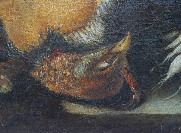 Natura morta con cacciagione, ravanelli e limone, olio su tela, cm 49,5x62,7, entro cornice