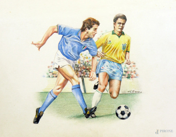 Campionato mondiale &#39;90, Paolo Rossi e Manzinho nella partita Italia-Brasile, disegno a pastello su carta firmato, cm 24 x 16.