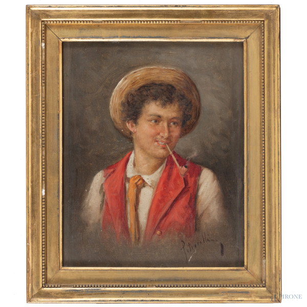 Achille Petrocelli (1861-1929), Ragazzo con pipa, olio su cartone telato, cm26x20,5, entro cornice