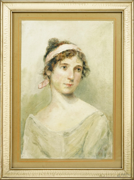 Ritratto di donna, acquarello su carta, cm 36x23,5, firmato F.Mola, entro cornice, (difetti)