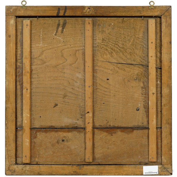 Scuola romana tra XVII-XVIII secolo, Ghirlanda di fiori e farfalle, olio su tavola, cm 56x56, ent...