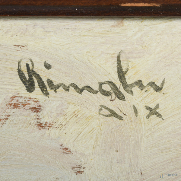 Paesaggio con barca, XX secolo, olio su compensato, cm 57,5x78, firmato in alto a destra, entro c...