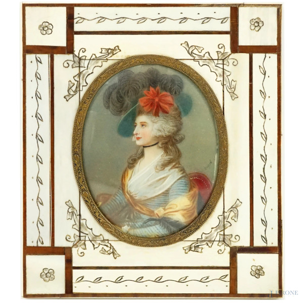 Ritratto di Sarah Siddons, da Thomas Gainsborough, miniatura, firmata Duprè, cm 8,5x7 circa, entro cornice