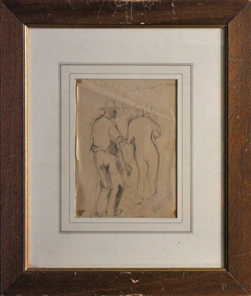 Figure viste da dietro, matita su carta 22x17 cm, firmato entro cornice.
