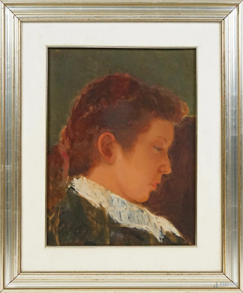 Ritratto di donna, olio su tela, cm 40x30, firmato a tergo, entro cornice