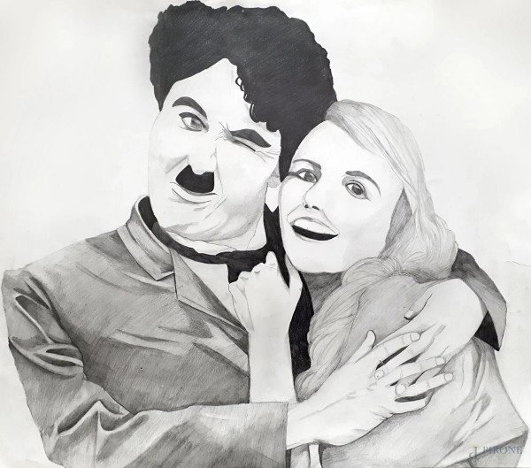 Bozzetto cinematografico raffigurante Charlie Chaplin in una scena di film, grafite su carta, cm 56x48, iscritto al retro Sheida Eslami