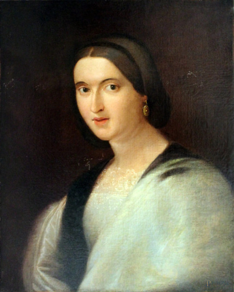 Ritratto di donna, olio su tela, inzi XIX sec., cm 62 x 50.