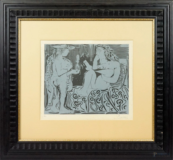 Pablo Picasso - Due donne, linoleografia, cm 30x35,5, es. H.C., entro cornice, (macchie)