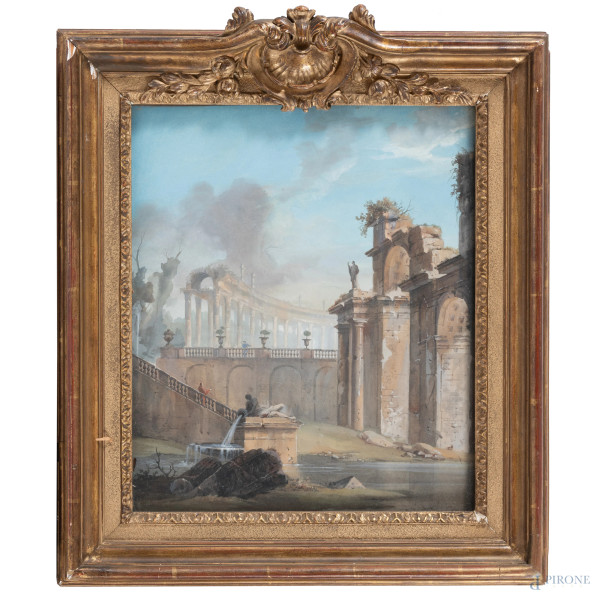 Capriccio architettonico, XVIII-XIX secolo, tecnica mista su carta, cm 34x29,5, entro cornice, (traccia di umidità)