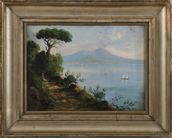 Golfo di Napoli, olio su tavoletta, cm 22,5x31, firmato in basso a sinistra, entro cornice, (segni di usura, abrasioni, cadute di colore)